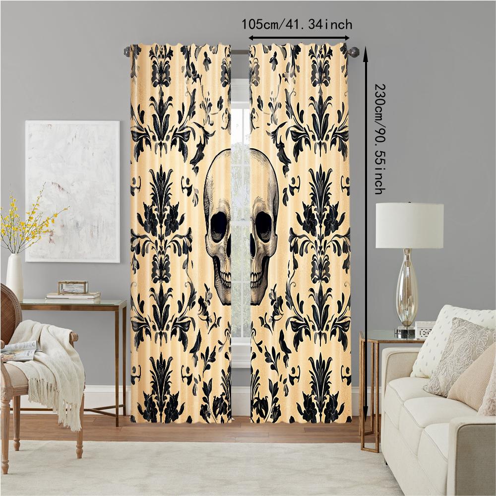 2 pcs   versatile polyester transparent curtains for home decoration Gothic Skull & Floral Peel for use in bedrooms and living