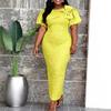 Plus Size Women Bow Jacquard Puff Short Sleeve Waisted Bodycon Elegant Party Dress