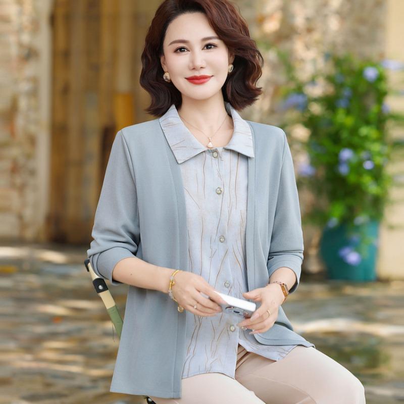 

Осенний топ удобный старый новый универсальный повседневный однотонный рубашка для мамы поддельная двухпредметная прикрывающая мясо 5XL синий