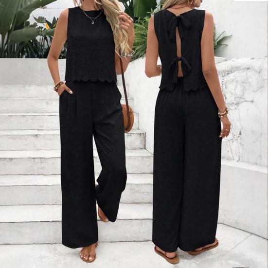 Damen 2-teilige Outfits Sommer Ärmellos Bindeband am Rücken Oberteil und Weite Beinhosen Sets Lässig Urlaubs Loungewear Passende Sets