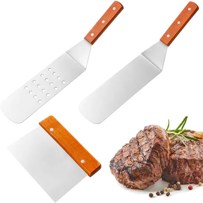 Stainless Steel Scrapers Non-stick Kitchen Grill Scraper Durable Wooden Handle BBQ Spatula Hamburger Patties Pizza Baking Tools