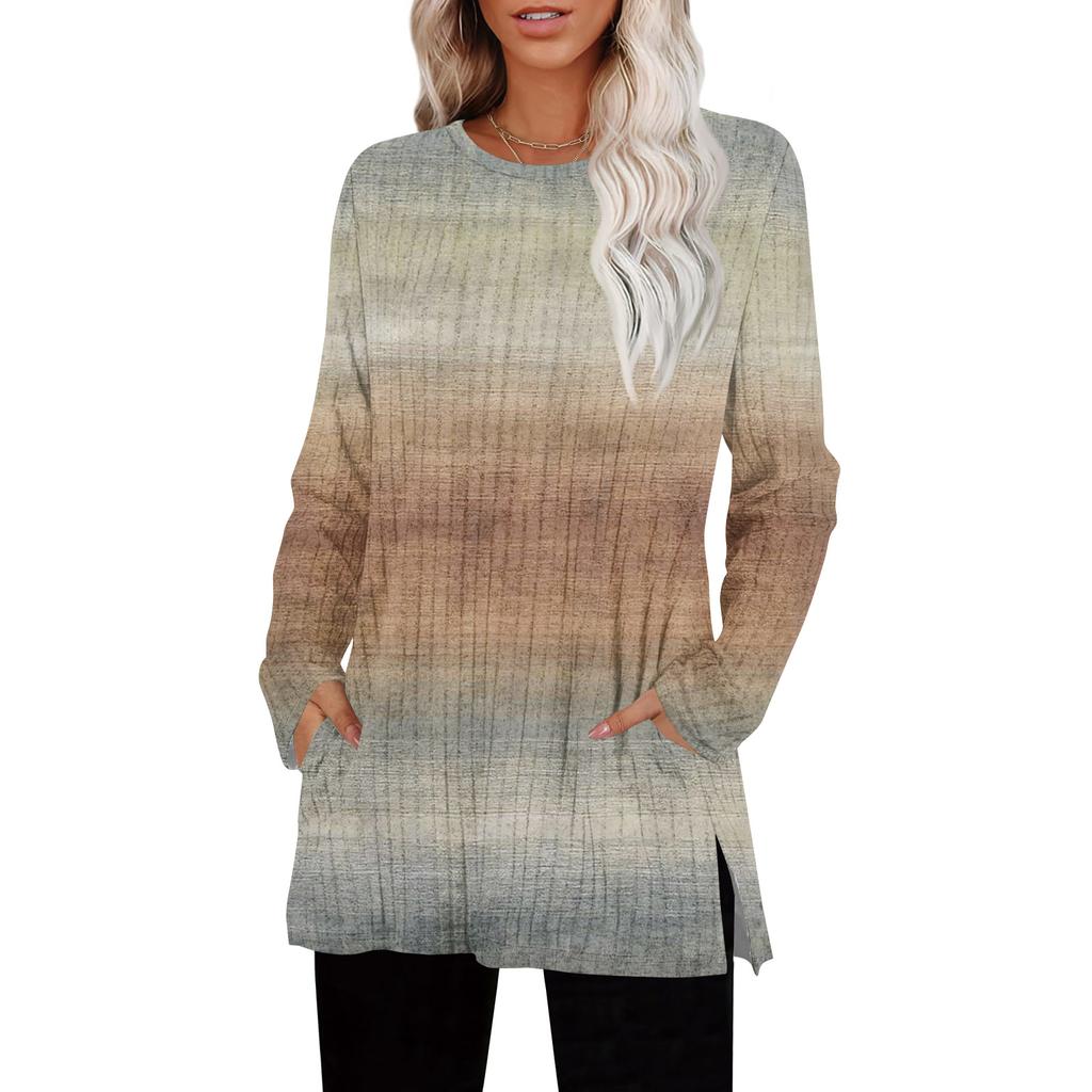 Womens Sweaters Crewneck Long Sleeve Shirts With Pockets Fall Outfits  Fashion Winter Clothing Side Slit