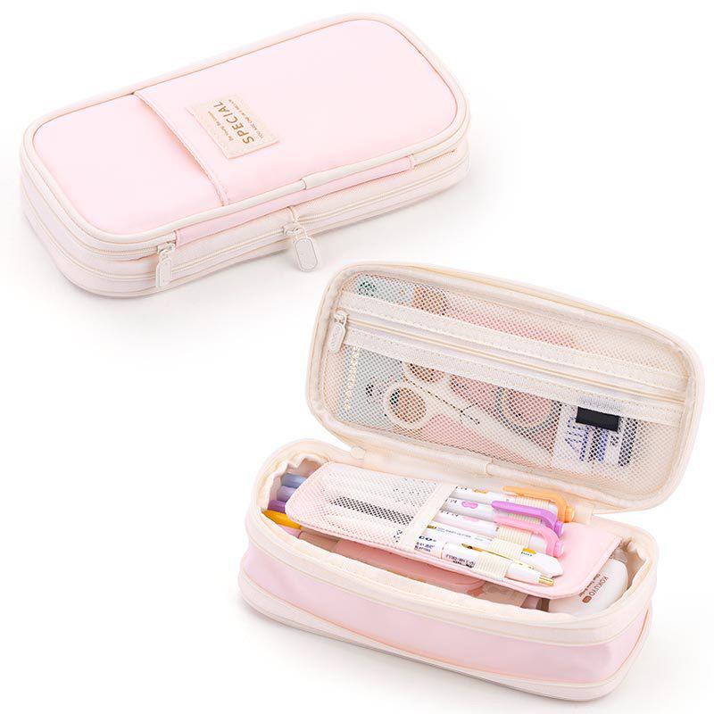 Macaron Colorblock Large Capacity Art Student Pencil Case - Double Layer Oxford Cloth Paintbrush Storage Bag