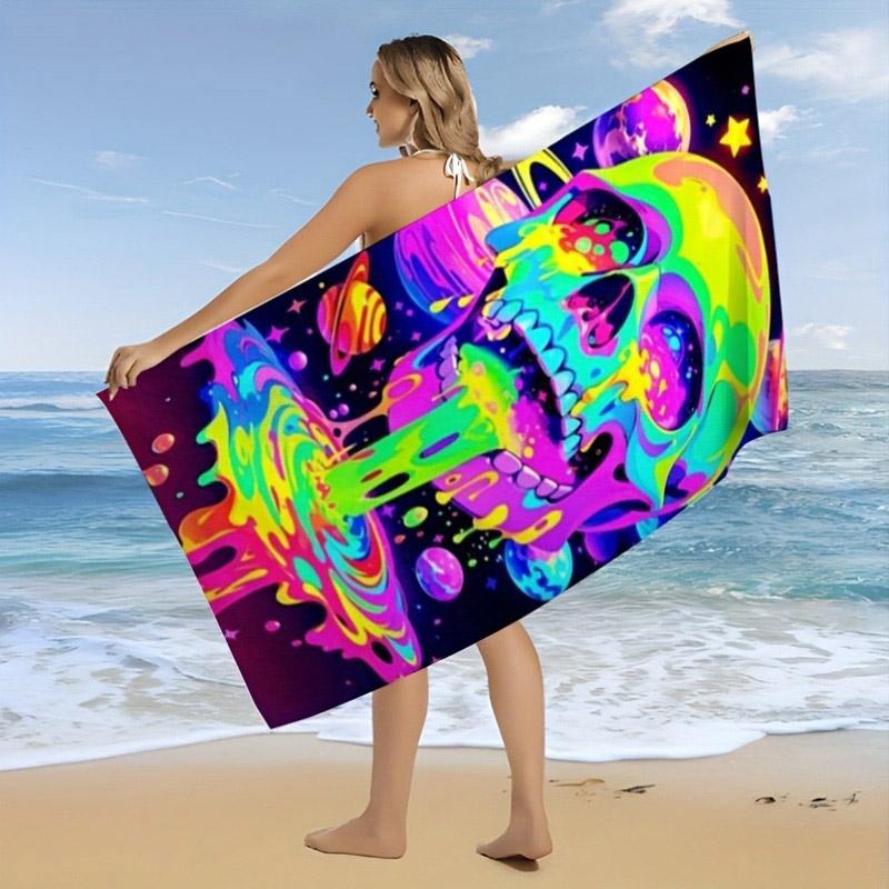 Colorful Skull & Planet Beach Towel Patterned Sunscreen And Windproof Suitable For Swimming Pool Camping Travel Blanket