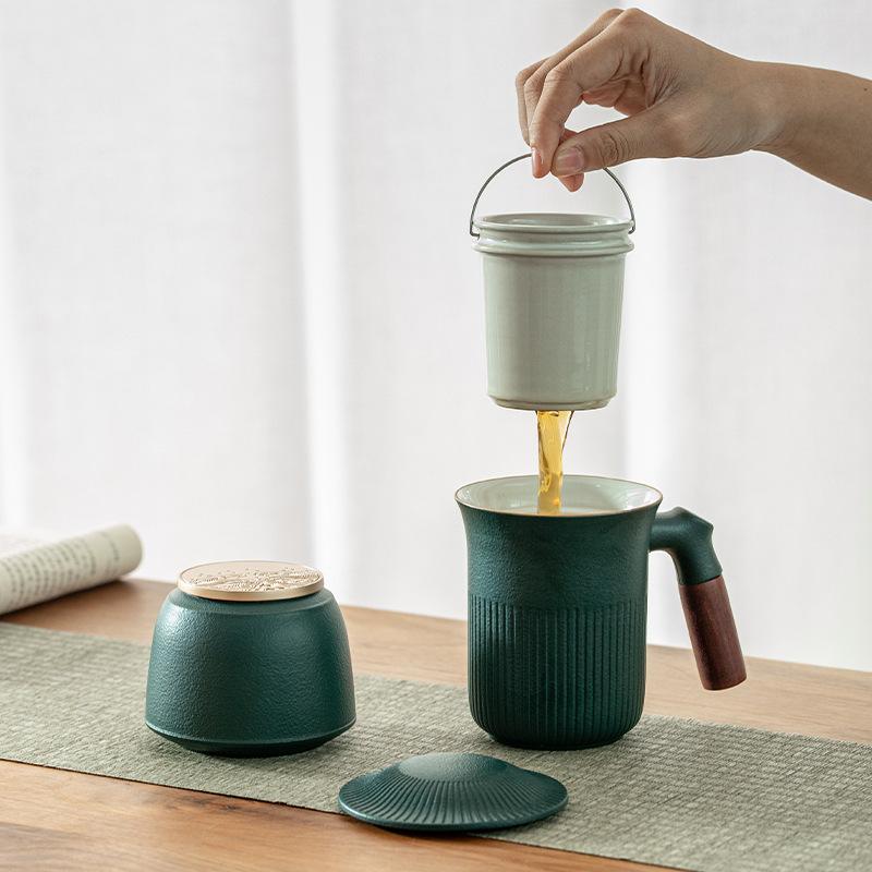 Office Wooden Handle Ceramic Water Cup Mug Chinese Tea Separation Tea Cup Gift