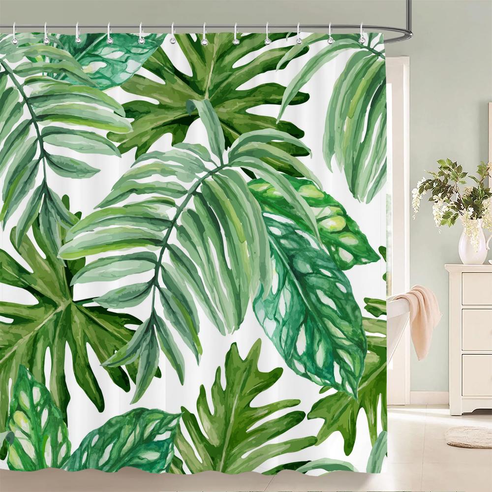 Green Leaf Plants And Flowers Shower Curtain Print Modern Nordic Minimalist Polyster Home Decor Bathroom Curtain With Hooks