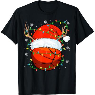 Basketball Ball Weihnachtsbeleuchtung Weihnachtsshirts Herren Baumwolle Humor Streetwear T-Shirt Kurzarm Unisex Lockere Kleidung