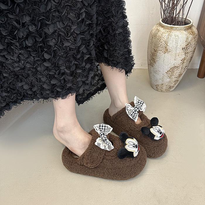 Cute Cartoon Mickey Non-slip and Versatile One-word Fluffy Slippers Women's 2025 Autumn and Winter New Thick-bottomed Warm Cotton Slippers