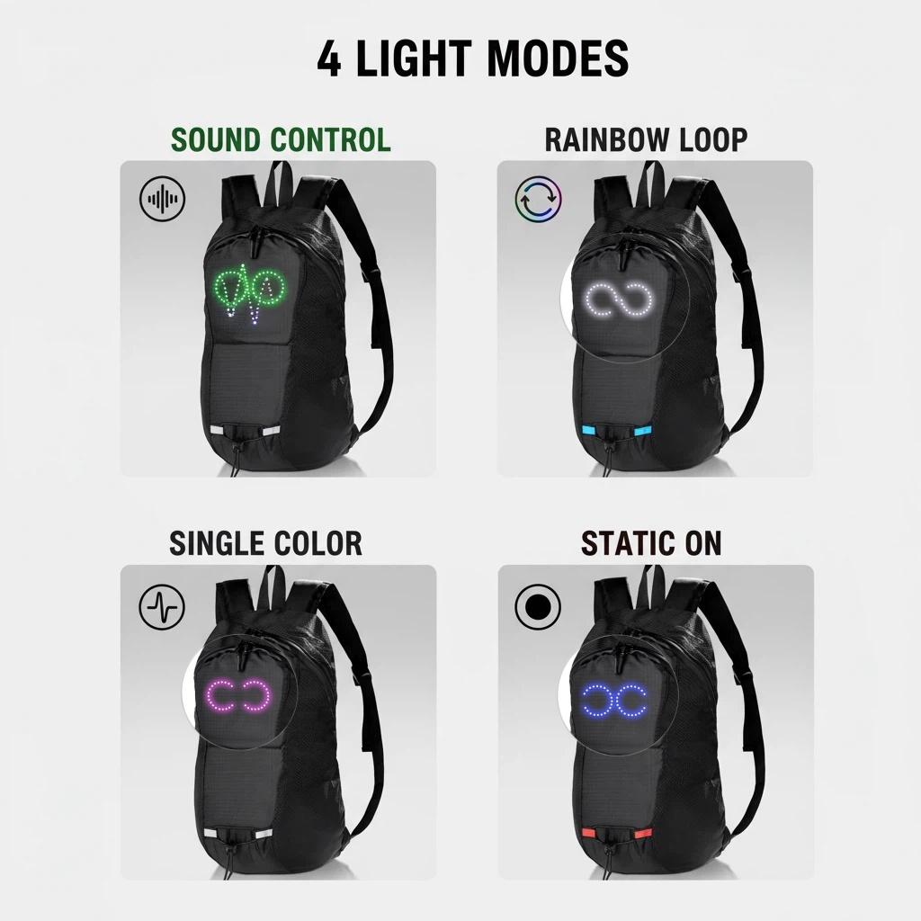 

Светодиодный красочный рюкзак с подсветкой, управление звуком, синхронизация ритма, USB-зарядка, для занятий спортом на открытом воздухе, черный чёрный