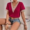 Women's V-Neck Lace Loose Top Commuter Short Sleeve Shirt Women's Splicing Design