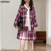 VONDA Elegant Women Casual Long Sleeve Lace Bow Knot Plaid Print Ruffled Dress