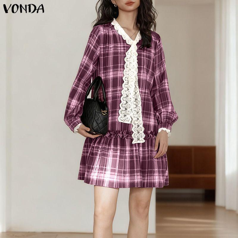 VONDA Elegant Women Casual Long Sleeve Lace Bow Knot Plaid Print Ruffled Dress