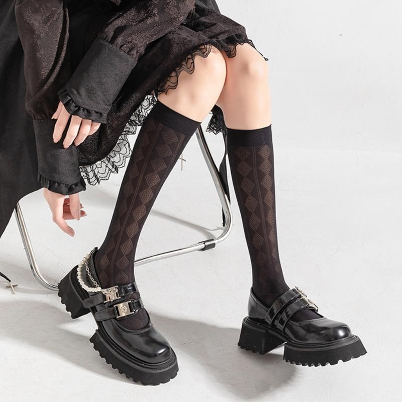Summer Thin Silk Solid Over the Calf Socks for Womens Japanese Style JK Diamond Striped Pattern Student Long Stockings