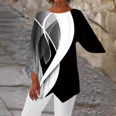 Damen T-Shirt Langarm Rundhalsausschnitt Geometrischer Druck Locker Lässig Übergröße T-Shirt
