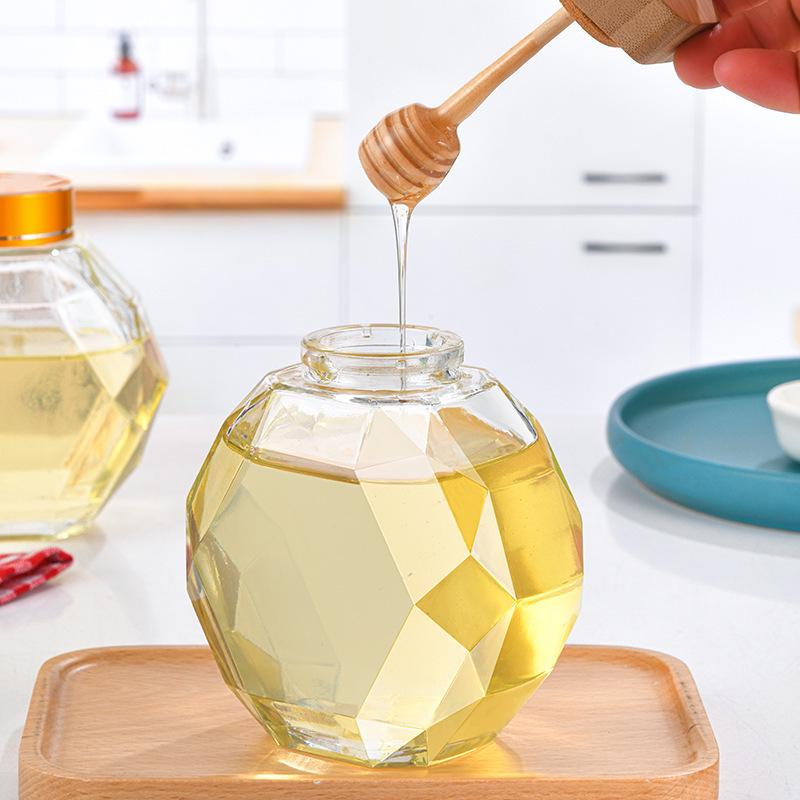 Hexagonal Glass Honey Jar with Wood Lid & Stirrer