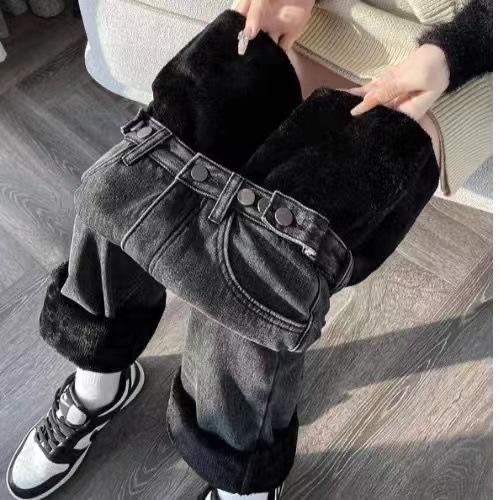 Damen High Waist Weiter Bein Fleecegefüttert Jeans Locker Geschnitten Minimalistisch Gerade Winter Jeans