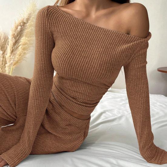 Women's 2 Piece Outfits Fall Casual Boat Neck Long Sleeve Ribbed Top Wide Leg Pants Matching Lounge Set