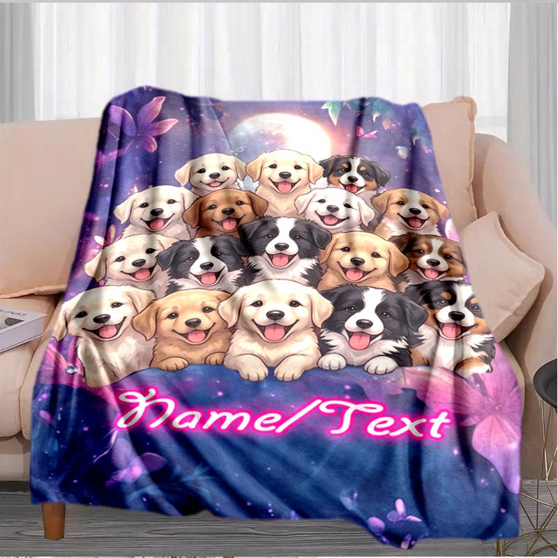 1PC Custom Name Puppy Moonlit flannel blanket versatile,all-season throw suitable for the living room,bedroom,camping,travel,and gift