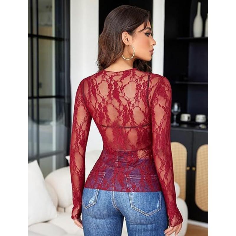 New Lace See Through Sexy Mesh Women Blouse Long Sleeve Tops Transparent Floral Shirt Thin Perspective Lace Shirts Spring Summer Sweet Elegant Blouse