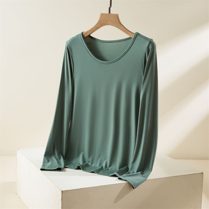 

Модальная футболка с круглым вырезом и длинными рукавами для женщин, весна и осень, больших размеров, стройнящая, осенняя одежда, однотонная, тонкая, для ношения под низ, повседневная футболка Matcha green 2XL (70.00 kg-80.00 kg recommended