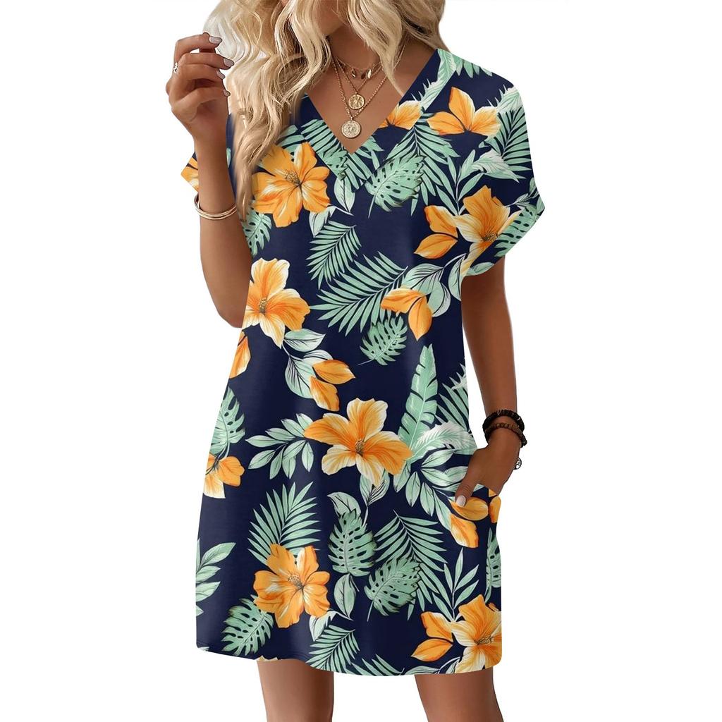 Short Sleeve Women's Dress Casual Dresses With Pockets V Neck Vocation Boho Beach Sundress