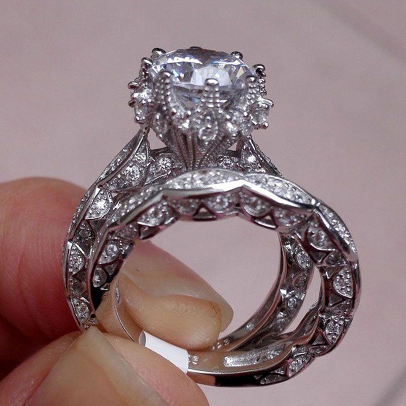 Elegant Antique Style Round White Sapphire Silver Plated Engagement Crown Ring Set