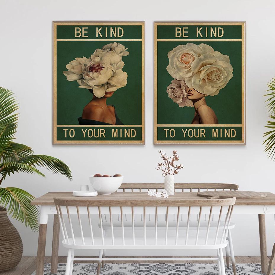 Be Kind To Your Mind Quote Canvas Painting Vintage Flower Girl Pattern Posters Wall Art Decor Living Room Decoration Pictures