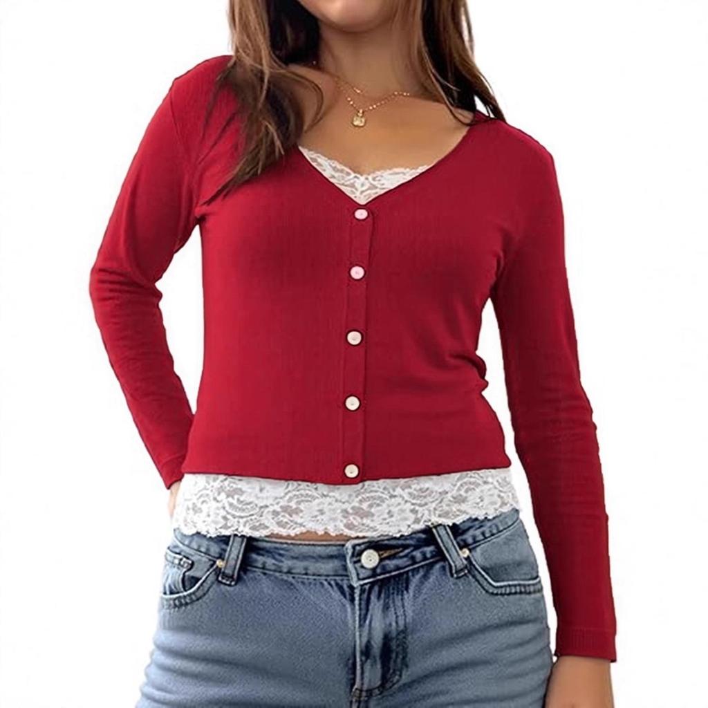 European & American Cross-Border Fashion Versatile V-Neck Button Lace Patchwork Long Sleeve Women's Top 2025.