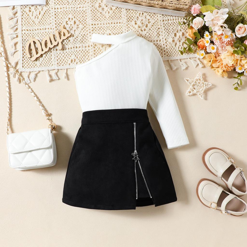 Costum de modă pentru fete Toamnă Copii Umăr în diagonală Mânecă lungă + Fermoar stea Fusta în linie A Costum din două piese