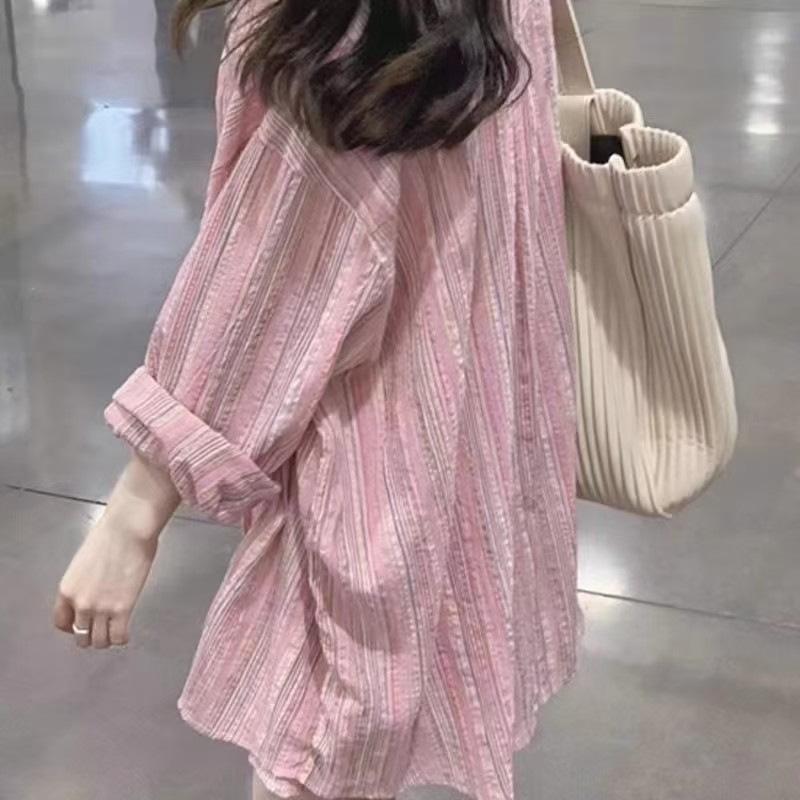 Pink Striped Loose Open Front Shirt Coat For Women Casual Long Sleeve Top S