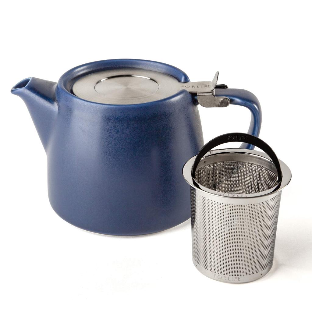ForLife Ceramic Teapot, 530ml Capacity, 3-Cup Capacity, with Tea Strainer, Dishwasher Safe, Lid Secure, One-Handed Pour, Indigo Blue, Stamp Teapot,