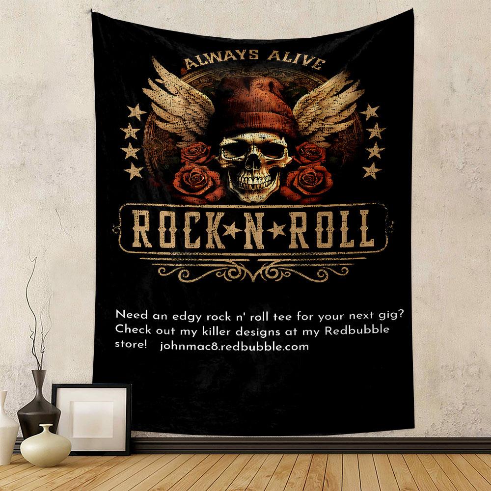 Always Alive Rock N Roll Tapestry Wall Hanging, Edgy Band Tee Design Art, Music Wall Decor for Bedroom Man Cave