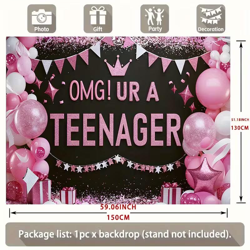 2D Teenager Birthday Backdrop Pink Balloon Crown 13th Birthday Party Photo Booth