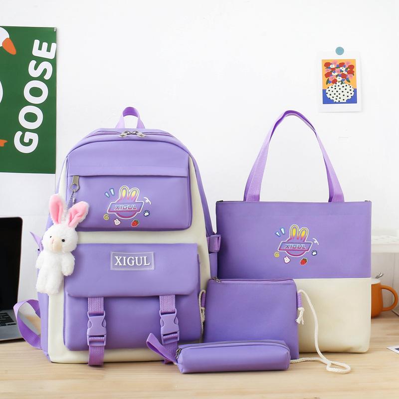 Schoolbag Korean Version Contrasting Color Design Backpack Unisex Four-piece Set Cute Cartoon Casual Fashion Travel Backpack