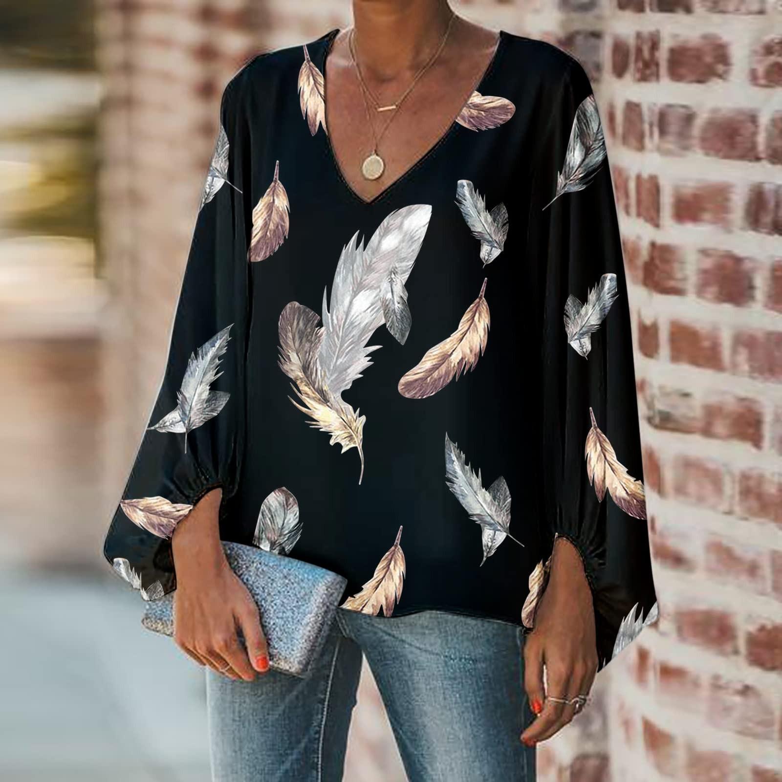 Print T Shirts For  Women  Print Top   Sleeve Long Sleeve V Neck Elegant  Loose Blouse Casual XXL