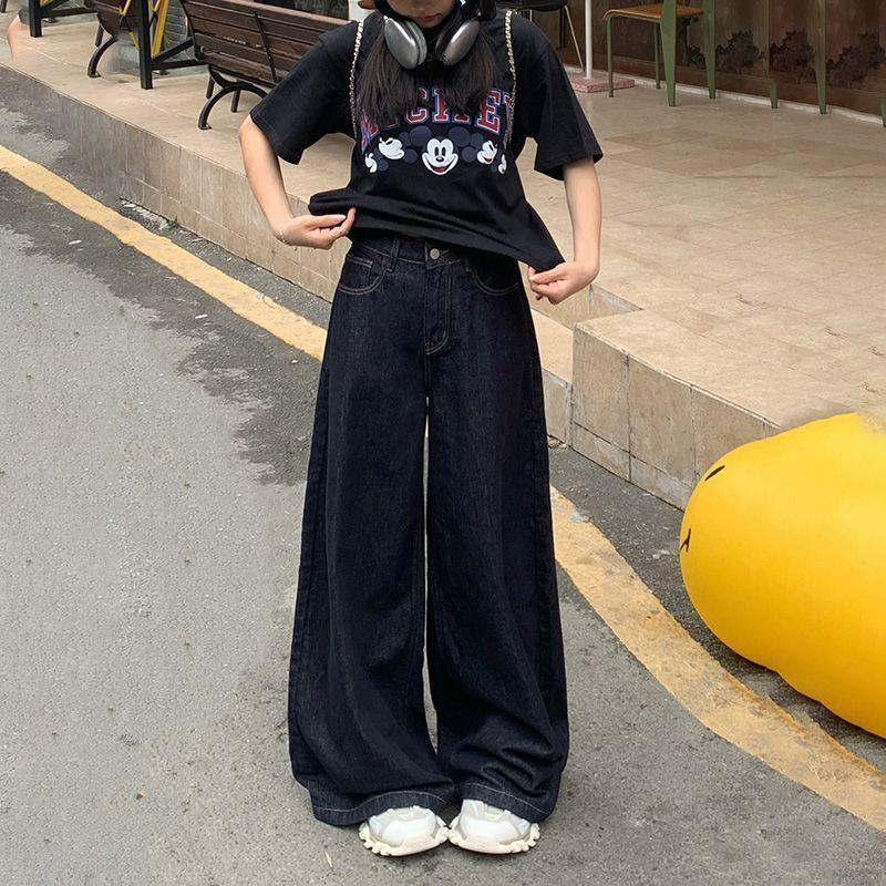 

Женские летние джинсы с высокой талией и широкими штанинами, темно-синие XXL темно-синий