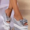 Women's Summer Wedge Platform Peep-Toe Slide Sandals With Sequined Bow Detail, Available In Large Sizes.