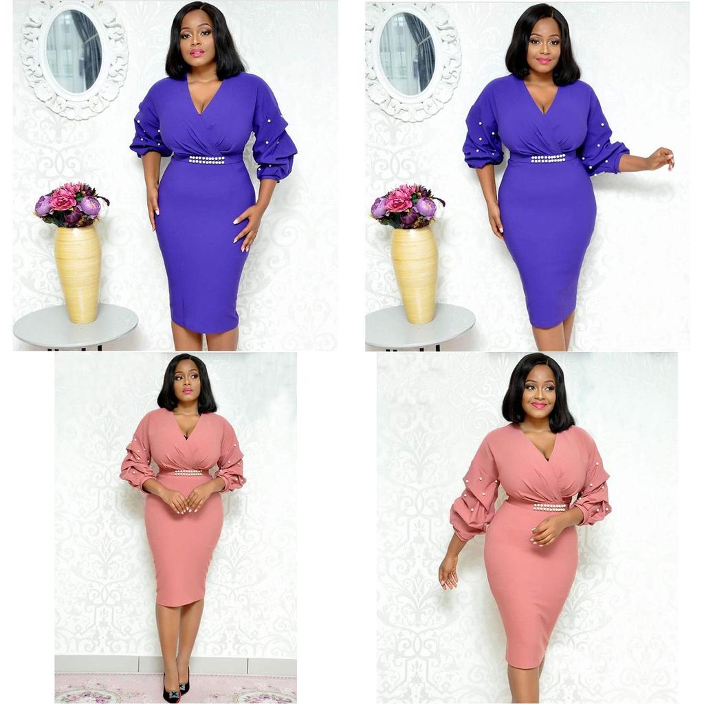 Elegant Women's Fashion Autumn And Winter Long Sleeved Pleated V-neck Bead Sexy Dress