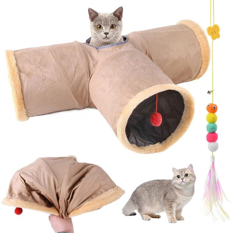 Pet Play Tube for Kittens, Puppy, Rabbits, Guinea Pigs, Suede Fabric Collapsible Cat Tunnel with Interactive Fringe Design for Indoor Exercise