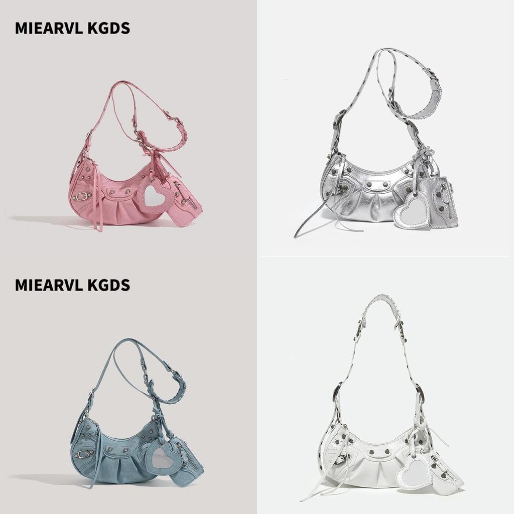 Pu Hip Underarm Bag Womens Folded Crescent Design With Rivets And Tassels For Daily Use
