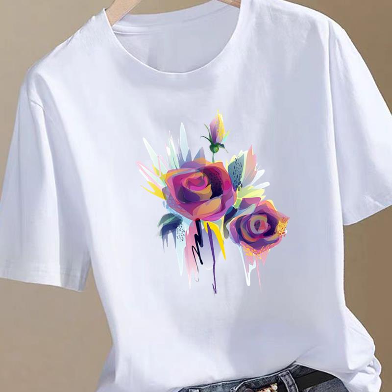 (Asian Size) Trend Flower Sweet Women Printing Fashion Tee Top Clothing T Shirt Woman Print Female Short Sleeve Graphic T-shirts