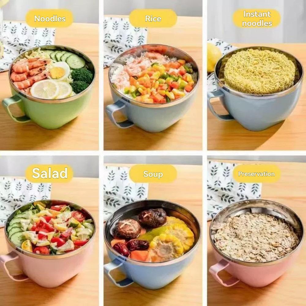 Stainless Steel Bowl with Handle Solid Color Anti Scalding Instant Noodles Mixing Bowl Kitchen Tableware Food Accessory
