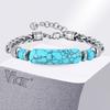 Vnox Stainless Steel Natural Turquoise Bead Bracelet for Men, 19+3cm Adjustable Chain Wristband, Fashion Jewelry Gift for Him