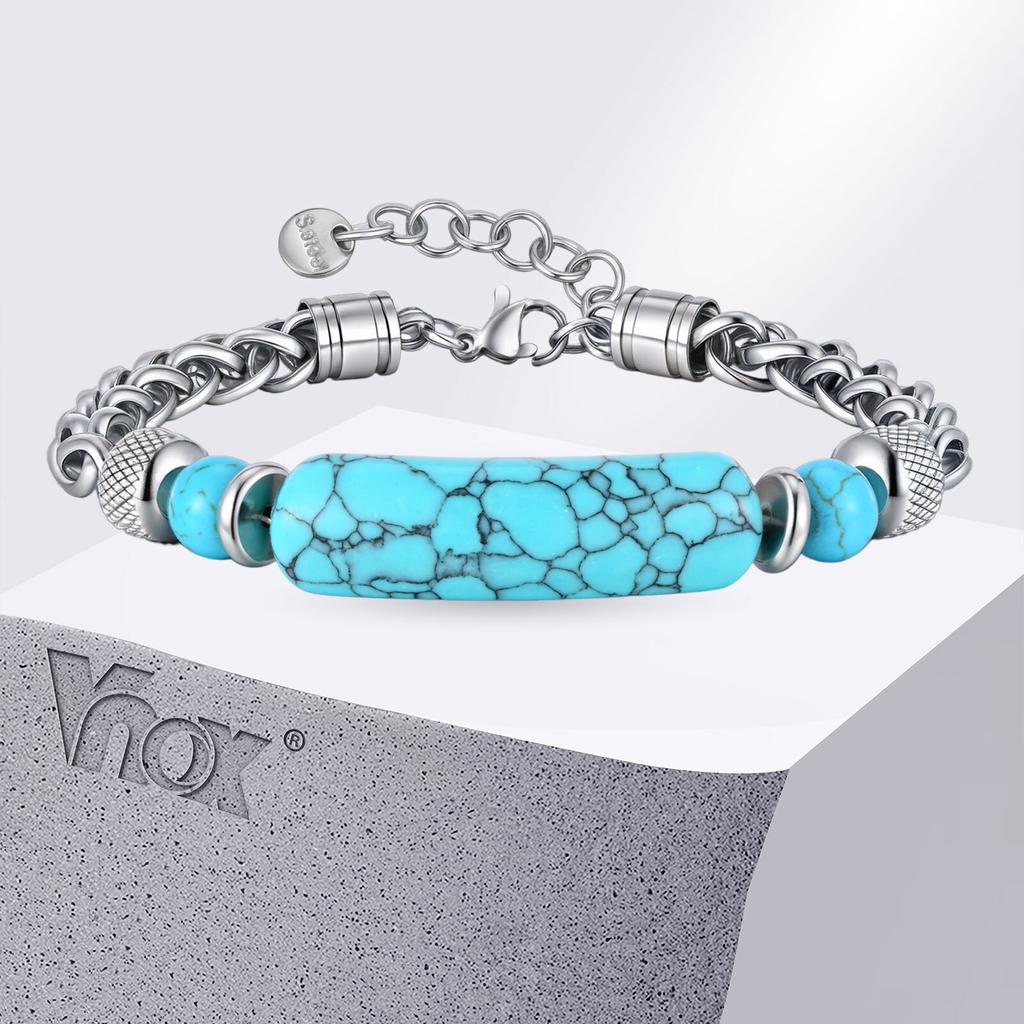 Vnox Stainless Steel Natural Turquoise Bead Bracelet for Men, 19+3cm Adjustable Chain Wristband, Fashion Jewelry Gift for Him
