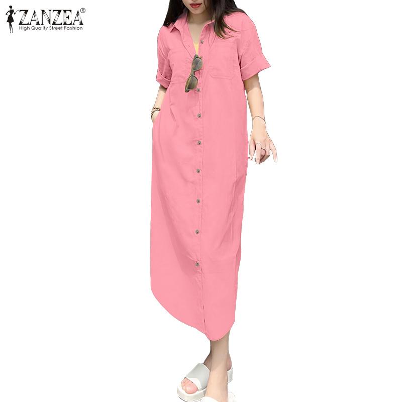 

ZANZEA Women Turn Down Collar Loose Short Sleeve Long Shirt Dress M тёмно-синий