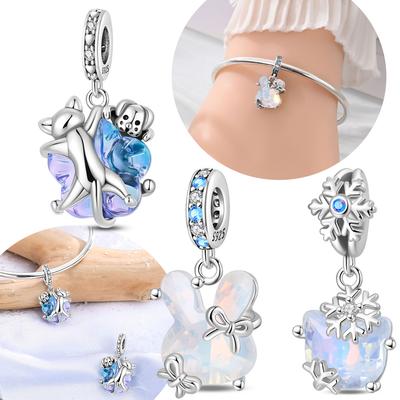 Authentic Copper Crystal Pendant Blue Zircon Bow Featuring Rabbit Cat Dog Bead Compatible With Bracelets Accessory Jewellery Women Fine Gift