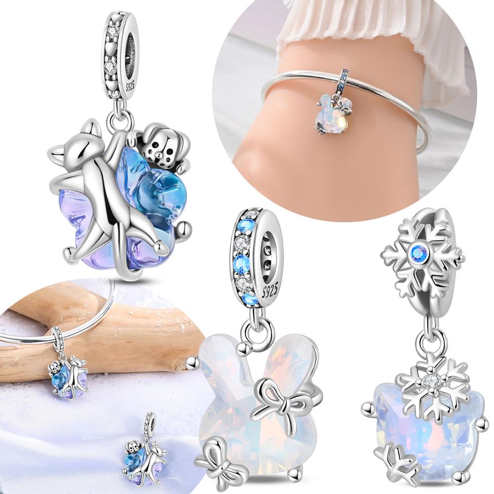Authentic copper Crystal Pendant Blue Zircon Bow Featuring Rabbit Cat Dog Bead Compatible With Bracelets Accessory Jewellery Women Fine Gift