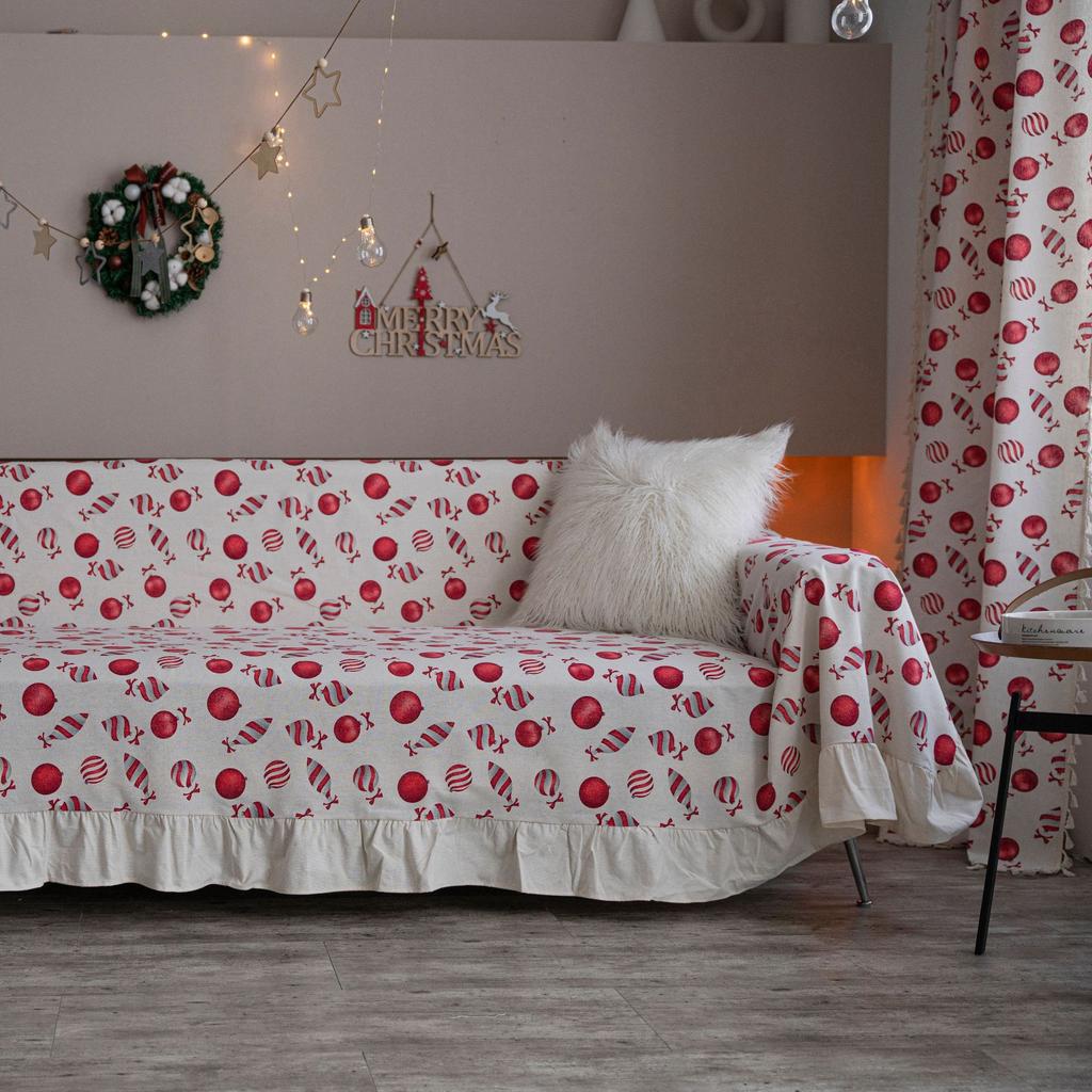 Sofa Towel Christmas Print American Pine Branch Ruffle Edge Multifunctional Cover Vintage Sofa Cover