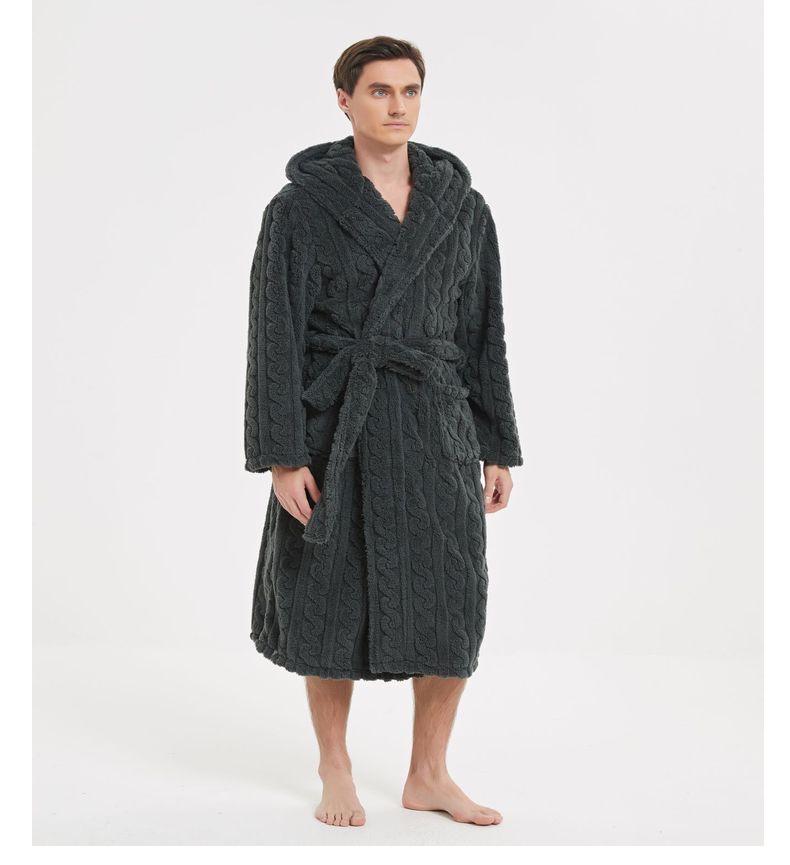 Large Cotton Velvet Jacquard Hooded Men's Nightgown - European & American Style, Thickened for Autumn/Winter, Unisex.
