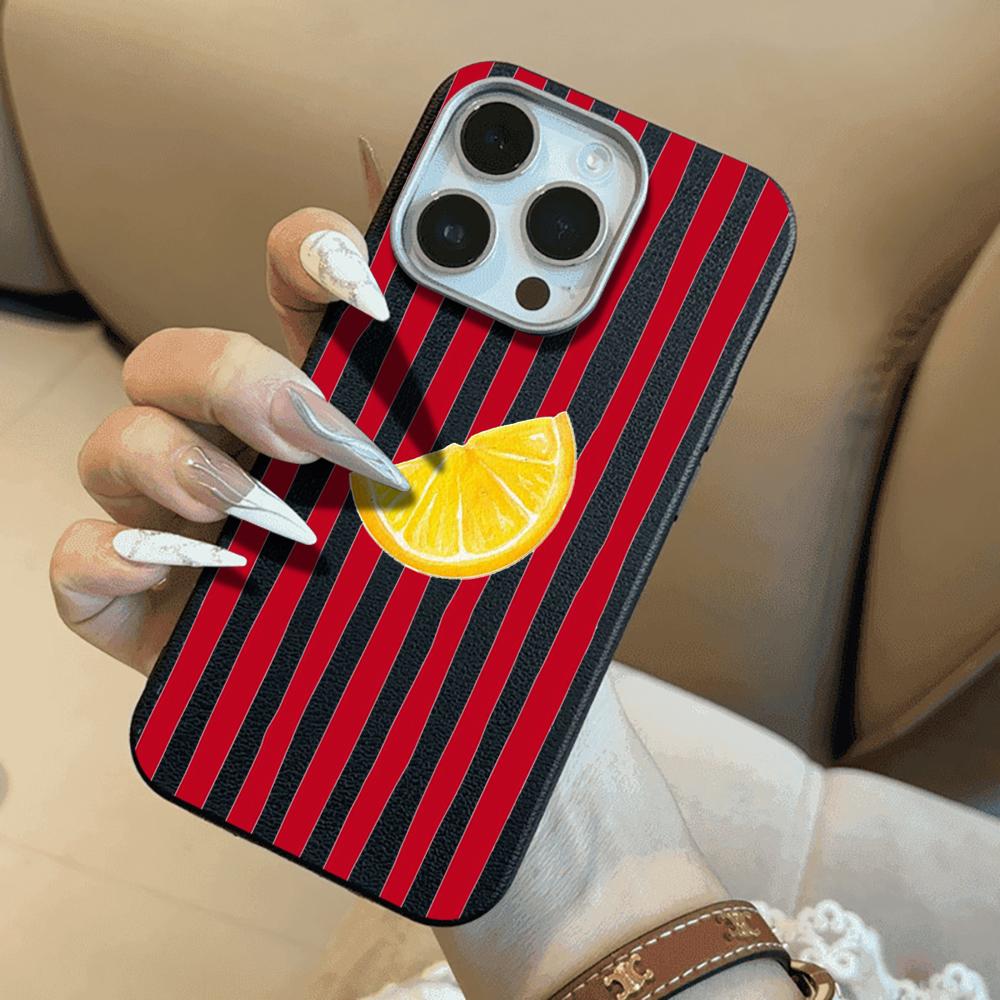 Luxury Red lemon Stripe Phone Case For Samsung Galaxy A16 A35 A54 A55 5G S26 S22 S23 FE S24 Plus S25 Ultra Leather Texture Funda
